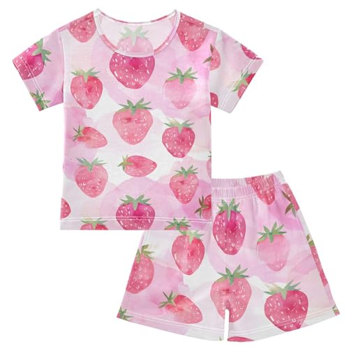 ALAZA Strawberry Colored Fruit Pajamas Short Sleeve 2 Piece Sleepwear Top and Bottom Pajama Set Unisex