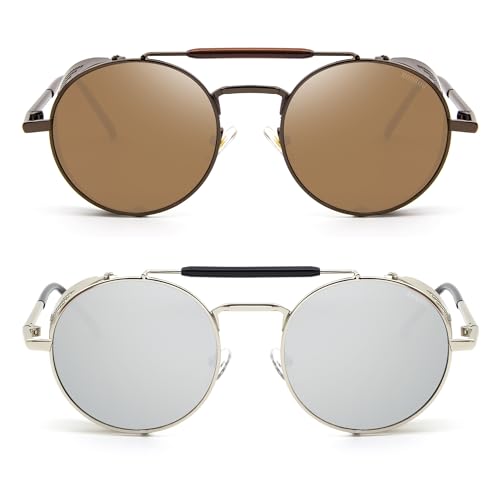 Image of RONSOU Steampunk Style Round Vintage Polarized Sunglasses Retro Eyewear UV400 Protection Matel Frame