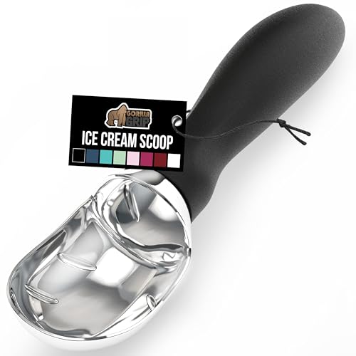 GORILLA GRIP BPA-Free Heavy Duty Ice Cream Scoop, Comfortable Ergonomic Handle, Professional Grade Scooper for Perfect Round Scoops, Spoon Frozen Hard Gelato, Sorbet, Cookie Dough, Kitchen Tool, Black