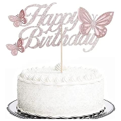 Glitter Double Sided Rose Gold Butterfly Happy Birthday Cake Topper Set, Assembled Butterfly Cake Toppers and 20 Pieces Pink Butterflies Cupcake Toppers for Girls Woman's Birthday Party Decor Supplies Cover