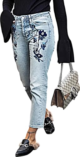Women's Floral Embroidered Distressed Boyfriend Jeans Denim Pants