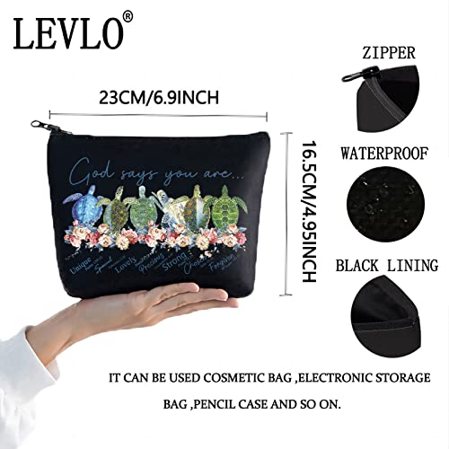 LEVLO Sea Turtle Cosmetic Make Up Bag Turtle Lover Gift God Says You are Unique Special Lovely Chosen Forgiven Makeup Zipper Pouch Bag for Women Girls God Says Turtle Black - Image 2