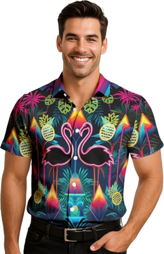 FIESTAS GUIRCA | Camisa Flamencos Neón Multicolor (52-54/L) - Ropa de Fiesta para Hombre Adulto - Ideal para Celebraciones de Verano, Graduaciones y Temáticas de Flamenco - Multicolor
