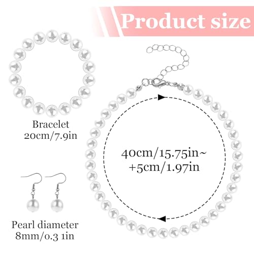 12 Pcs White Pearls Necklace Set 8mm Faux Pearl Necklace and Earring Set for Women Imitation Pearls Necklaces Dangle Earrings Bracelets Costume Jewelry Sets for Wedding Bridal Shower Birthday Gifts2