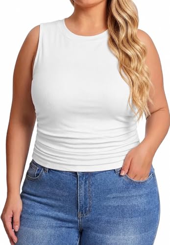 CIDER Plus Size Tops for Women Sleeveless Ruched Crew Neck Crop Tank Top Summer Casual Outfits