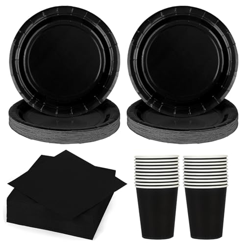 60 Stück Schwarz Partygeschirr Set,Pappteller Schwarz für Geburtstag...