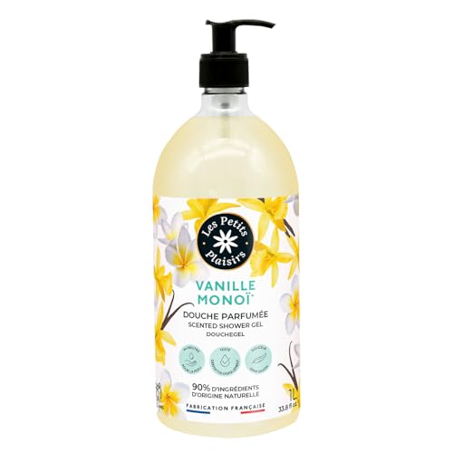 Les Petits Plaisirs – Gel douche Vanille Monoï 1L – Pour toute la famille dès 3 ans – 90% d’origine naturelle, pH neutre sans savon