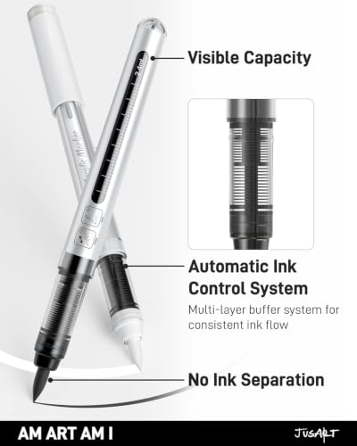 Image of JusArt 3 White Paint Markers Brush Tip, Water-Based No-Bleed Acrylic Markers with Automatic Ink Control, Waterproof Acrylic Paint Pens for DIY Art & Crafts -Fabric, Wood, Rock, Ceramic, Metal