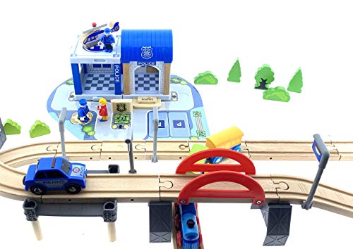Holzeisenbahn Set Eisenbahn für Kinder / Zug mit Schienen Holzbahn 90 teilig / Polizeistation Polizei / kombinierbar… – Bild 4
