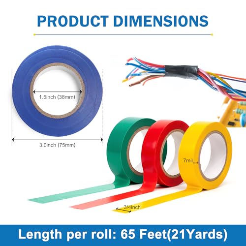 Image of MoHern 12 Pack Electrical Tape Colors, 3 /4 in x 65 ft, Voltage Level 600V Colored Tape Rolls, Colored Tape for Labeling, Electrical Tape Waterproof for Home Auto Circuit Wiring