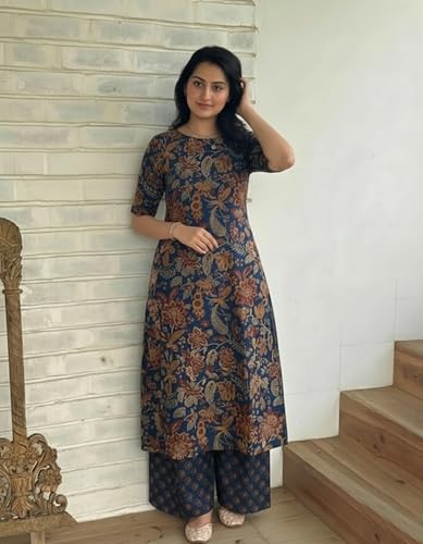 Image of ANNI Designer Women's Rayon Viscose Straight Printed Kurta with Palazzo | Elbow Length Sleeve Kurti Set | Close Neck with Back Slit | Soft Comfortable Fabric | 2 Piece Outfit