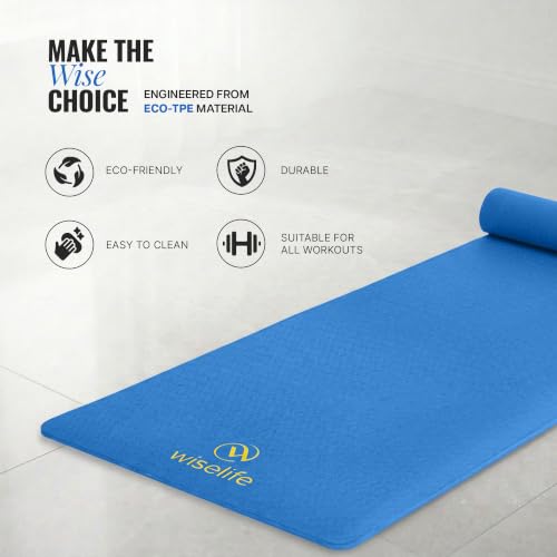 Image of WiseLife Classic Eco-TPE 10 MM Yoga Mat with Yoga Strap for Men & Women | Extra Thick, Long & Wide Non-Slip, Anti-Tear Exercise Mat for Home, Gym, Workout, Fitness, Yoga & Pilates (Navy Blue)