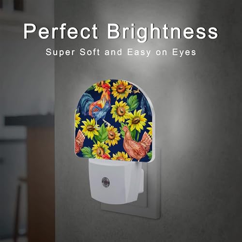 Image of Vintage Hen Rooster with Sunflowers Night Light, Watercolor Farm Animals Floral Dusk to Dawn Night Light Plug in,0.5w Energy Saving Sleep Friendly NightLight for Kids Boys Girls Home Decor