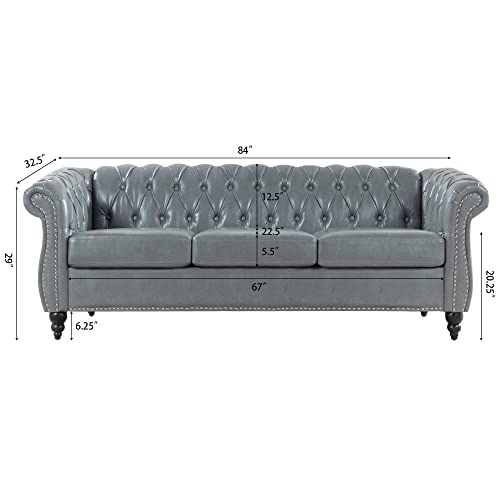 Image of LEVNARY Chesterfield Sofa, Classic Tufted Upholstered Leather Couch, Modern 3 Seater Couch Furniture with Tufted Back for Living Room Office (Gray)
