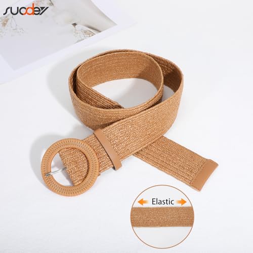 SUOSDEY 2 Pack Straw Woven Elastic Belt Braided Stretch Wide Boho Rattan Waist Belt for Women Dresses4