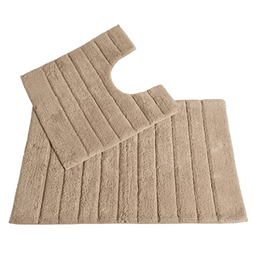 Allure Ribbed Design 2 Piece Bath and Pedestal Toilet Mat Set, 100% Cotton (Mocha)