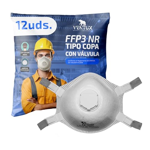VENTUX SAFETY EQUIPMENT 12X FFP3 NR Mascarilla de Protección Respiratoria en Forma de Copa con Válvula – Certificada CE 0370 según EN 149:2001+A1:2009 – Uso Profesional en Industria y Sanitario