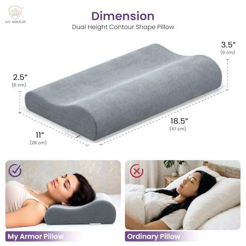 Image of MYARMOR Cool Gel Cervical Pillow for Neck Pain | Contour Design for Neck & Shoulder Pain Relief | Dual Height Ergonomic Support | 18 x 11 x 3.5 Inch | 2 Years Warranty | Grey Velvet Cover - Pack of 1