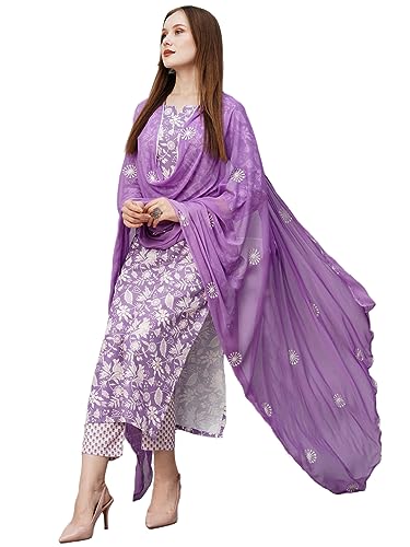 GoSriKi Women's Cotton Blend Printed Straight Kurta with Pant & Dupatta