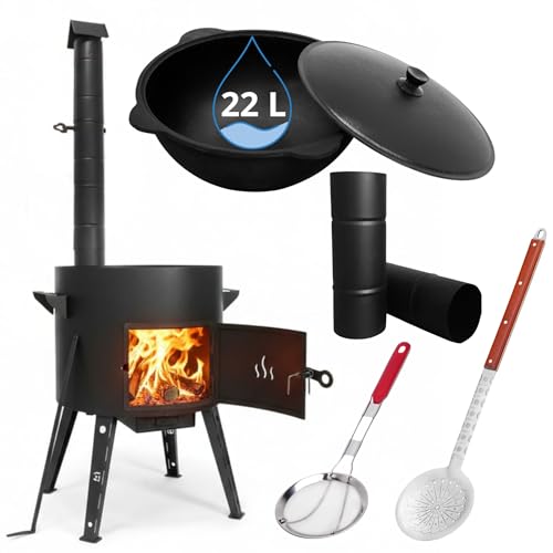 Utschak Ø49 cm Abzugsrohr XXL Utschak mit Schornstein Utschag 2 mm Stahl Campingofen 22L Kazan Aluminiumdeckel Учаг Учак под Казан Kasan Feuerstelle Feldküche Außenküche Eintopfofen Gulaschkanone