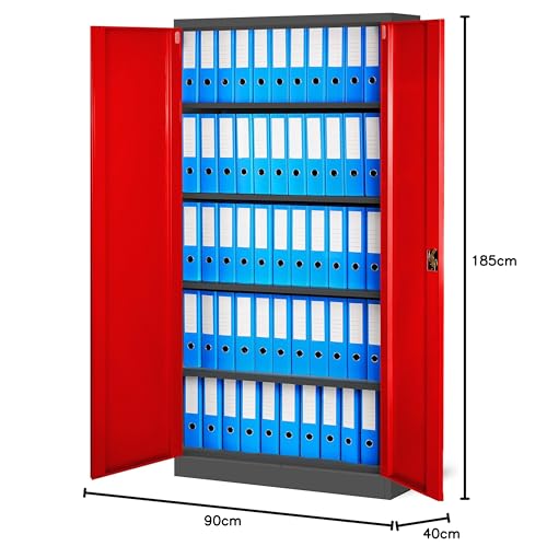 Jan Nowak Juego de 3 Armario de Oficina Archivador Armario de Herramientas Metálico 4 Estantes con Recubrimiento de Polvo Se Puede Cerrar 185 cm x 90 cm x 40 cm (Antracita-Rojo) - imagen 2