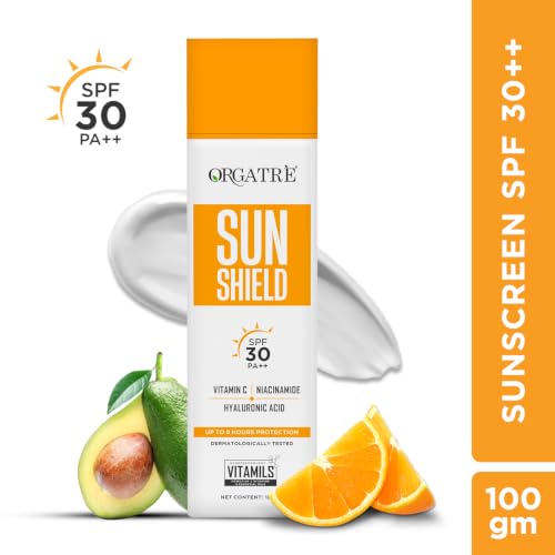 Image of Orgatre Vitamin C Bright Face Sunscreen SPF 30 PA++++ for Oily & Dry Skin | Lightweight, No White Cast | With Niacinamide & Hyaluronic Acid | UVA /UVB Defense | Water Resistant, Non-Greasy | 100gm