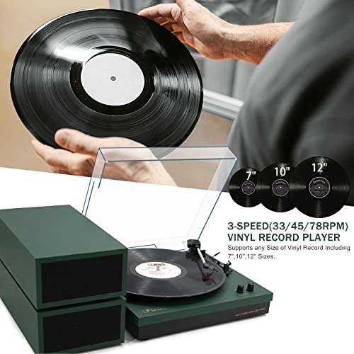 Image of LP&No.1 Bluetooth Record Player with Stereo Bookshelf Speakers, Vintage 3-Speed Belt Drive Turntable, Wireless Input, RCA Output, Auto Stop Function | Dark Green