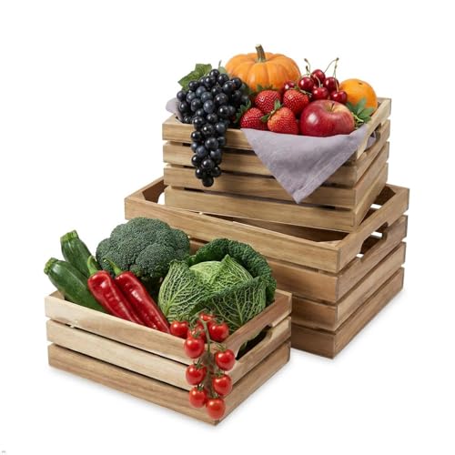 VICTORY RELAX Nesting Wood Storage Crates (Set of 3) - Light Natural Acacia Wood Stackable Wooden Boxes for Storage & Organization - Decorative Wooden Basket Set for Fruits, Shelving & Home Decor