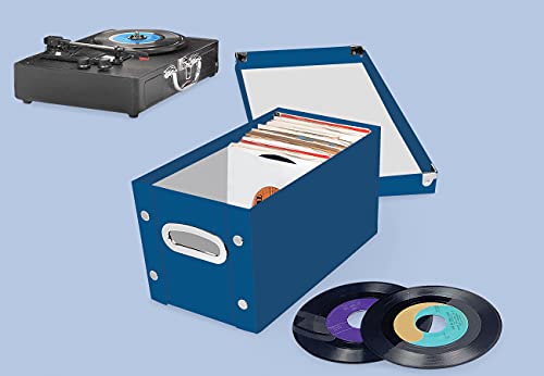 Image of Snap-N-Store 45 RPM Vinyl Record Box, Collapsible, Classic Blue | Folds flat for compact storage, snaps together for quick assembly, sturdy design for 45 rpm vinyl records