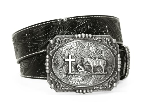 Moranse Belts With Religion Cross Cowboy Kneeling Prayer Buckle,Genuine Cow Leather,Classic and Retro Pattern Fashion Designs
