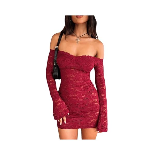 MakeMeChic Women's Off Shoulder Lace Dress Flounce Sleeve Y2k Ruched Mini Bodycon Dresses