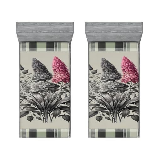 Ambesonne Floral Art 2 Pack Fitted Sheet, Reseda Tones Lavenders, Bed Cover All-Round Elastic Deep Pockets 2 Pieces, Package Contains 2 Twin XL Size Fitted Sheets, Grey Teal Pale Ruby
