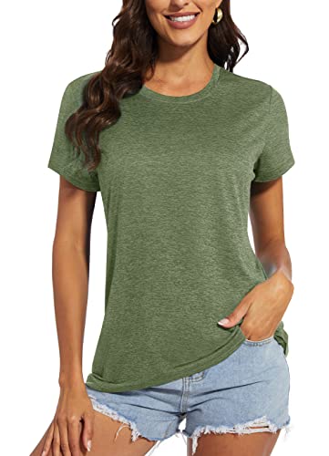 MAGCOMSEN Workout Tops for Women Short Sleeve Moisture Wicking Quick Dry Athletic Hiking Running Breathable Shirts Army Green Large