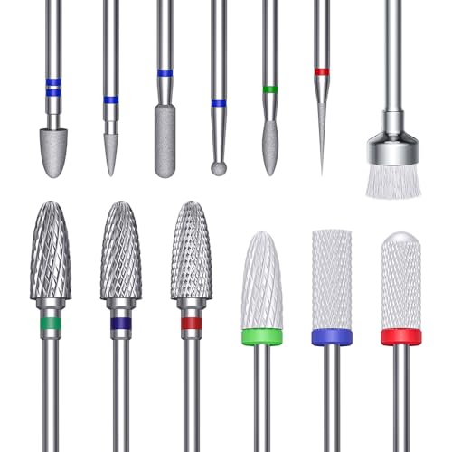 Glix 13-in-1 Professional Nail Drill Bits Set Tungsten Carbide Ceramic and Diamond Cuticle Remover E File Bits for Acrylic Nails Gel Polish Removal 3/32 Shank Manicure Kit