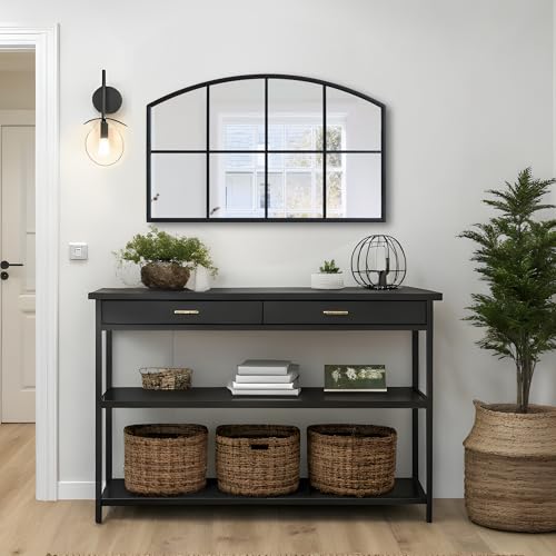 Arched Window Pane Mirror 42x26 Cathedral Black Farmhouse Window Metal Arch Wall Grid Mirror for Bathroom Fireplace Entryway Bedroom Living Room Hallway Hanging or Leaning Against Wall