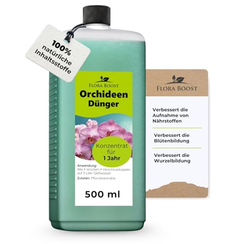 Konfitee Orchideen Dünger Flora Boost 500ml I Für bis zu 100L Gießwasser I Bessere Blütenbildung & Pflanzenwachstum I Flüssiger Blatt- & Wurzeldünger I 100% natürlicher Pflanzendünger