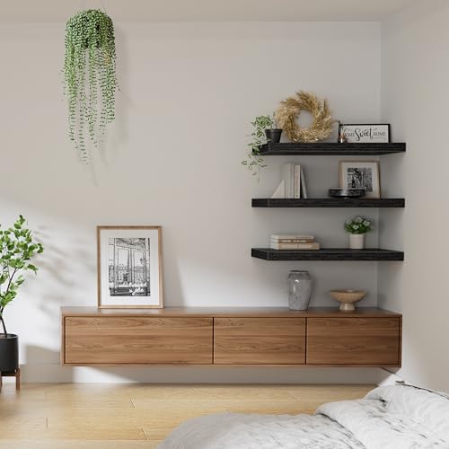 Image of QEEIG 12 inch Deep Floating Shelves for Wall - 12 x 24 inch Book Shelf Bathroom Bedroom Kitchen Living Room Hanging Bookshelf Farmhouse Set of 3, Black (026-60B3)