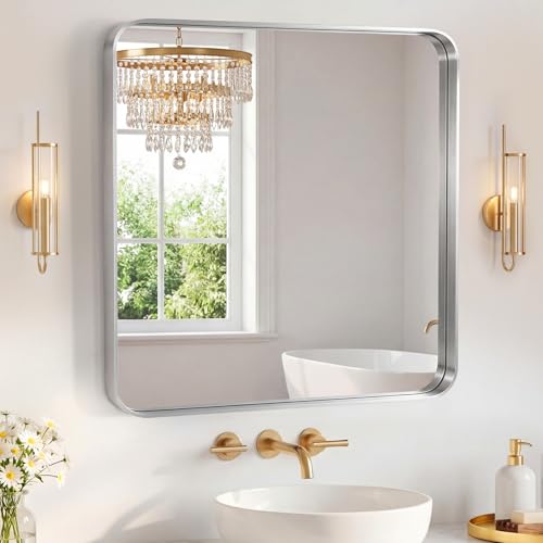 Image of Sweetcrispy Bathroom Mirror 30x30 Inch Metal Framed Rounded Rectangle Vanity Mirror for Wall, Over Sink, Farmhouse, Restroom, Anti-Rust, Modern Decorative, Horizontal or Vertical Hanging, Silver