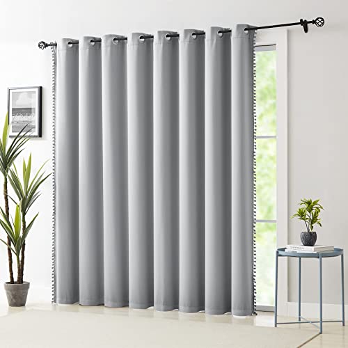 Image of Treatmentex Grey Extra Wide Blackout Curtains 100x84 Length Pom Pom Grey Sliding Door Curtains for Bedroom Thermal Insulated Living Room Divider Drapes Grommet Top 1pc, 7' Tall by 8.5' Wide