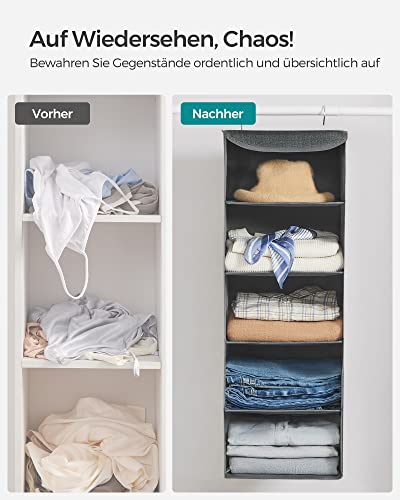 SONGMICS RCH005G02 Kleiderschrank-Hängesack, Faltbare platzsparende Hängetasche mit Metallhaken, Bambusverstärkung, Leinenmuster, Grau, 2 Stück
