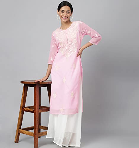 Image of RATAN Georgette Straight Lucknowi Chikankari Ethinic Wear Kurta for Women
