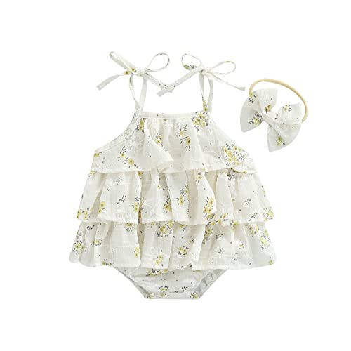 Baby Girls Romper Sleeveless Floral Multi-Layer Jumpsuit + Bow Headband Clothes 0-24 Months (Yellow, 0-6 Months)