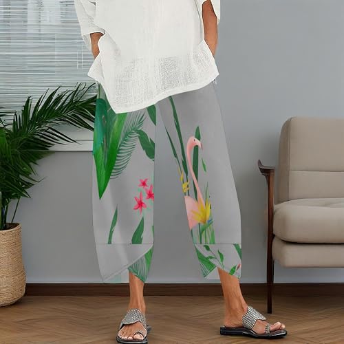 Womens Capris Pants 2025 Summer Patterned Print Wide Leg Elastic High Waist Trousers Plus Size Pant with Pockets2