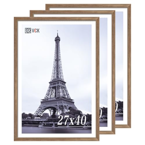 Image of VCK 27x40 Poster Frame Solid Wood walnut 3 Pack Picture Frames 27 x 40 Inches with Wall Mounting Hanging