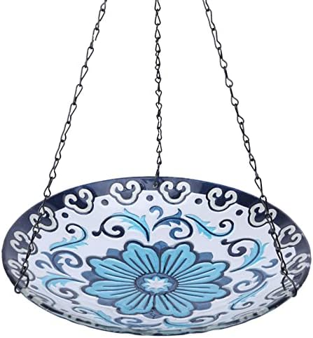 MUMTOP Hanging Bird Bath - Bird Baths for Outdoors, 12 Inch Glass Bird Bath Bird Feeders Blue and White Porcelain for Garden and Patio Decor
