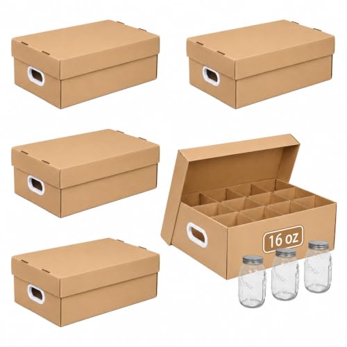 OUGEBOX 16oz Canning Jars 5 Pcs Mason Jar Storage Box Cardboard Organizer with Handles and Divider Stackable & Multipurpose (Brown)