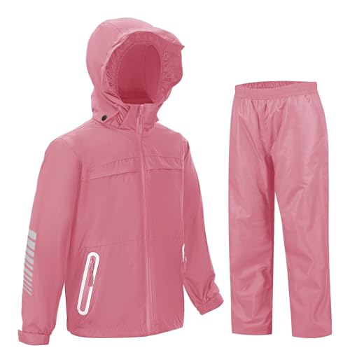 SWISSWELL Girls Rain Suit Waterproof Youth Rain Gear and Girl Rain Pants Breathable Reflective with Hood Pink 12-14 Years