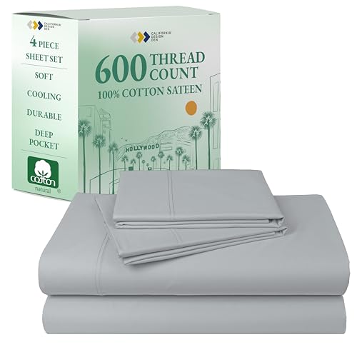 California Design Den - Luxury Full Size Sheet Set - 100% Cotton, 600 Thread Count Deep Pocket Full Size Bed Sheets, Hotel-Quality Cooling Sheets, Sateen Weave - Light Grey