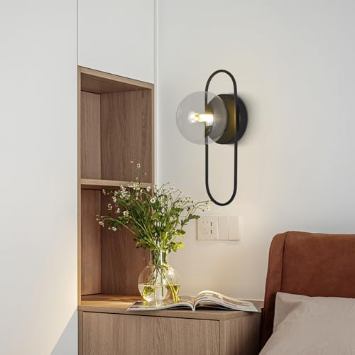 Image of Mid Century Modern Black Wall Sconce Bubble Glass Globe Wall Sconces Lighting Small Vintage Bathroom Vanity Light Fixtures for Bedroom Hallway