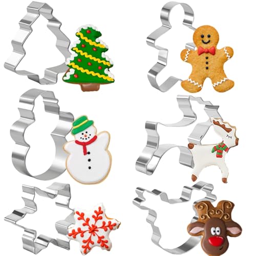 Conjunto de 6 cortadores de biscoitos natalinos para crianças, cortador de biscoitos de Natal, árvore de Natal, boneco de neve, pão de mel, homem, floco de neve, cabeça de rena, formas
